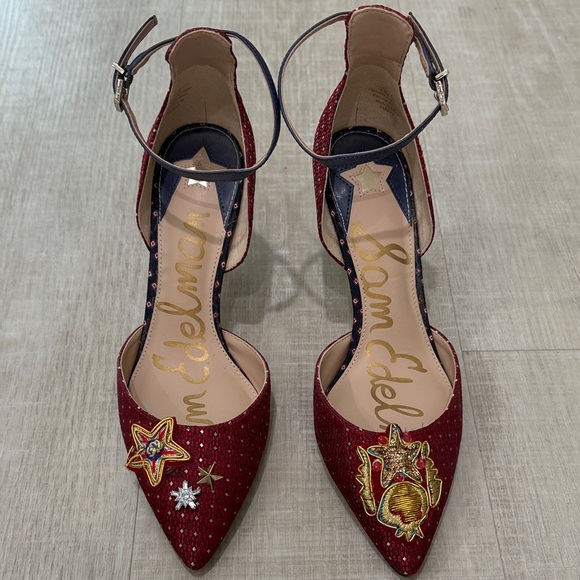 Sam Edelman Tabby Red Blue Heels 6.5M Embroidered Ankle Strap Pointed Toe - Picture 1 of 15